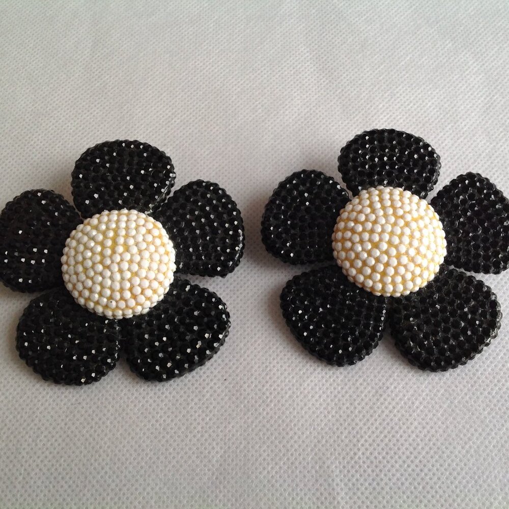 Vintage Massive 2 3/4" Wide Barbara Groeger Crystal Flower Clip On Earrings